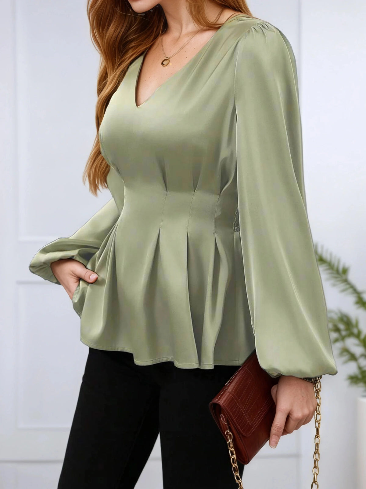 Women's Pleated Cinched Waist Shirt – Elegant Long Sleeve Slimming Top