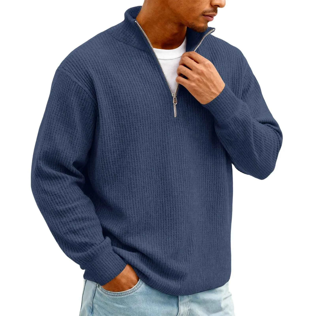Men's Waffle Long Sleeve Polo T-Shirt – Casual Loose Fit Zipper Collar Sweatshirt