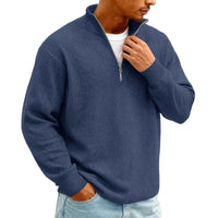 Men's Waffle Long Sleeve Polo T-Shirt – Casual Loose Fit Zipper Collar Sweatshirt
