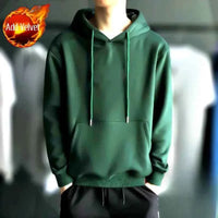 Men's Green Fleece Hooded Sweatshirt – Solid Color Casual Pullover Hoodie