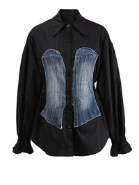 Women's Striped Denim Spliced Blouse – Elegant Lapel Long Sleeve Shirt 2026