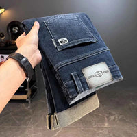 Men's Belted Straight Stretch Jeans – Korean Fashion Casual Denim Pants