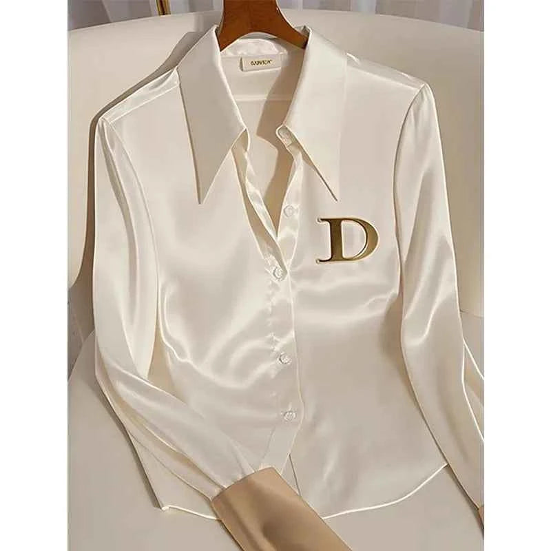 Women's Acetate Satin White Shirt – High-End Western Style Elegant Blouse