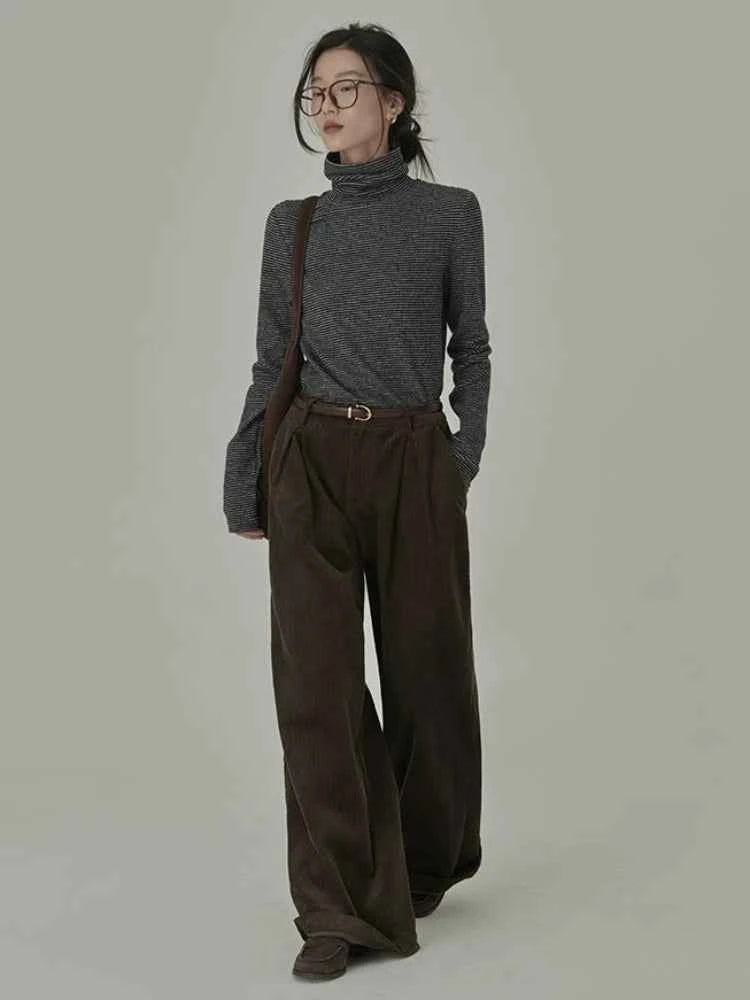 Women's Striped Long Sleeve Turtleneck T-Shirt – Cozy Elegant Korean Style Casual Spring T-Shirt