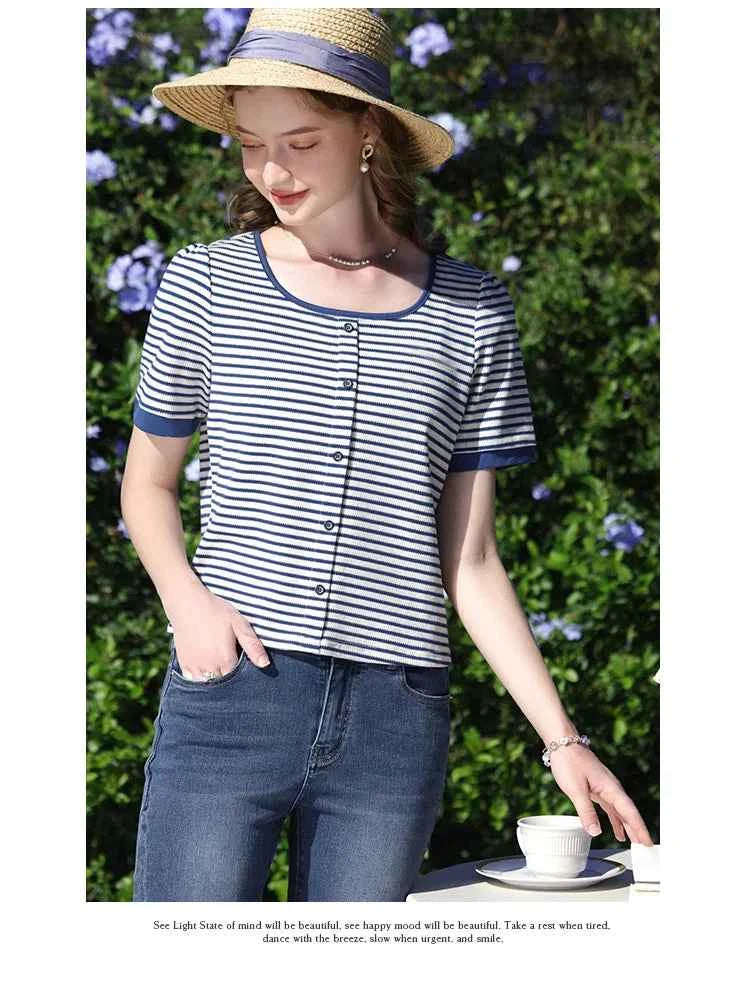 I BELIEVE YOU Women's Striped Slim Knit Top – Casual Retro Summer Round Neck Tee
