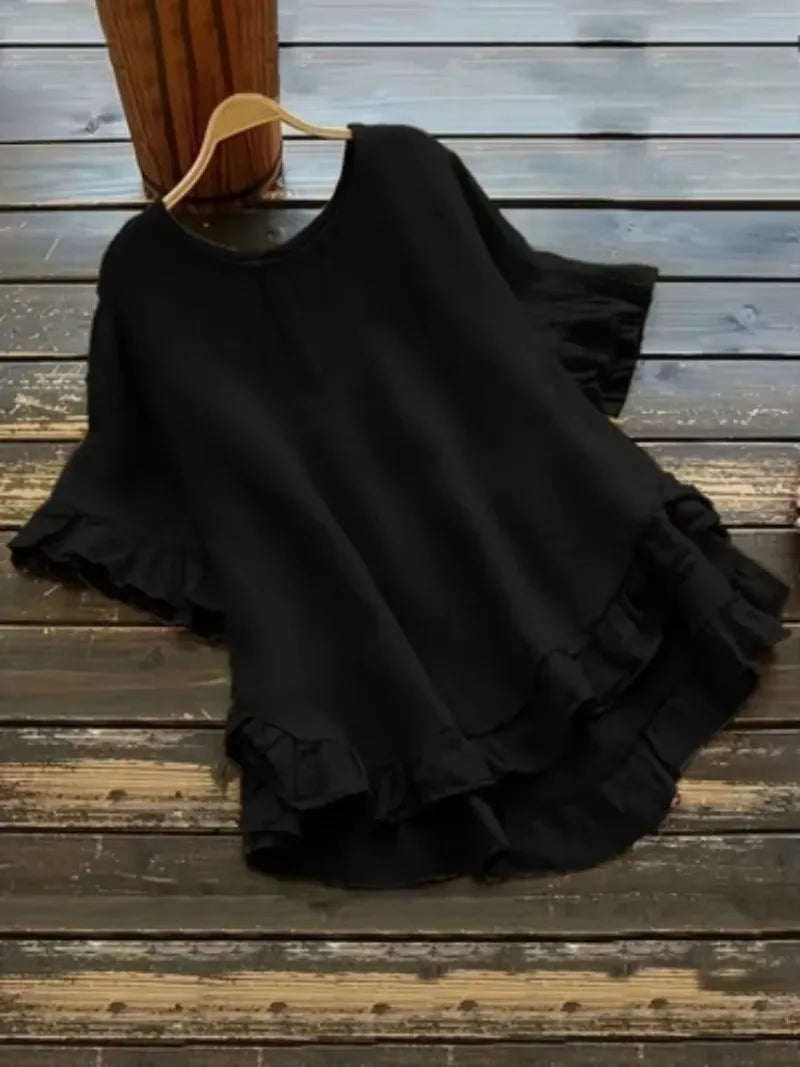 Women's Plus Size Ruffled Hem T-Shirt – Casual Short Sleeve Back Button Top