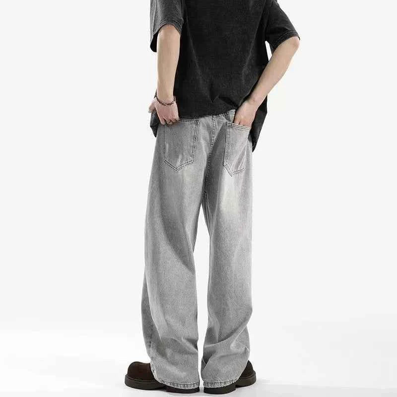 Men's Black Wide Leg Retro Jeans – Washed Loose Straight Cleanfit Denim Pants