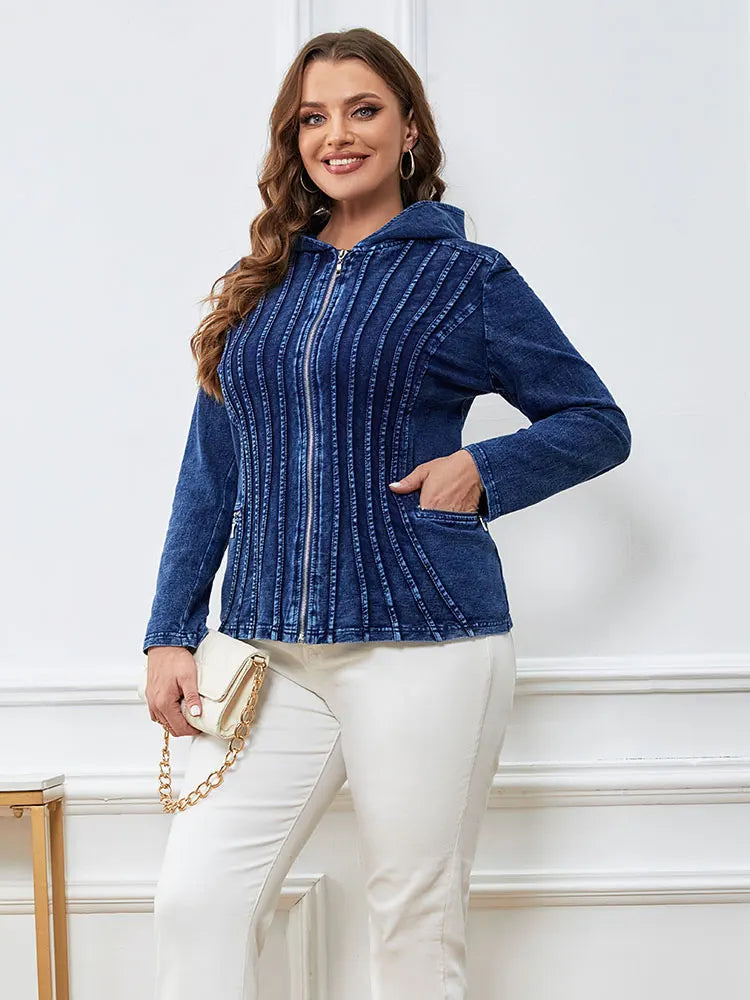 Women's Plus Size Casual Denim Jacket – Loose Fit Long Sleeve Blue Jean Coat