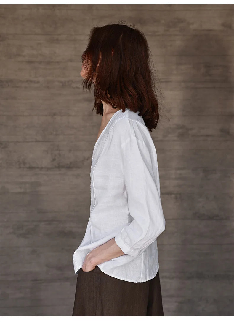 Women's Linen V-Neck Shirt – Premium White Retro Three-Quarter Sleeve Top