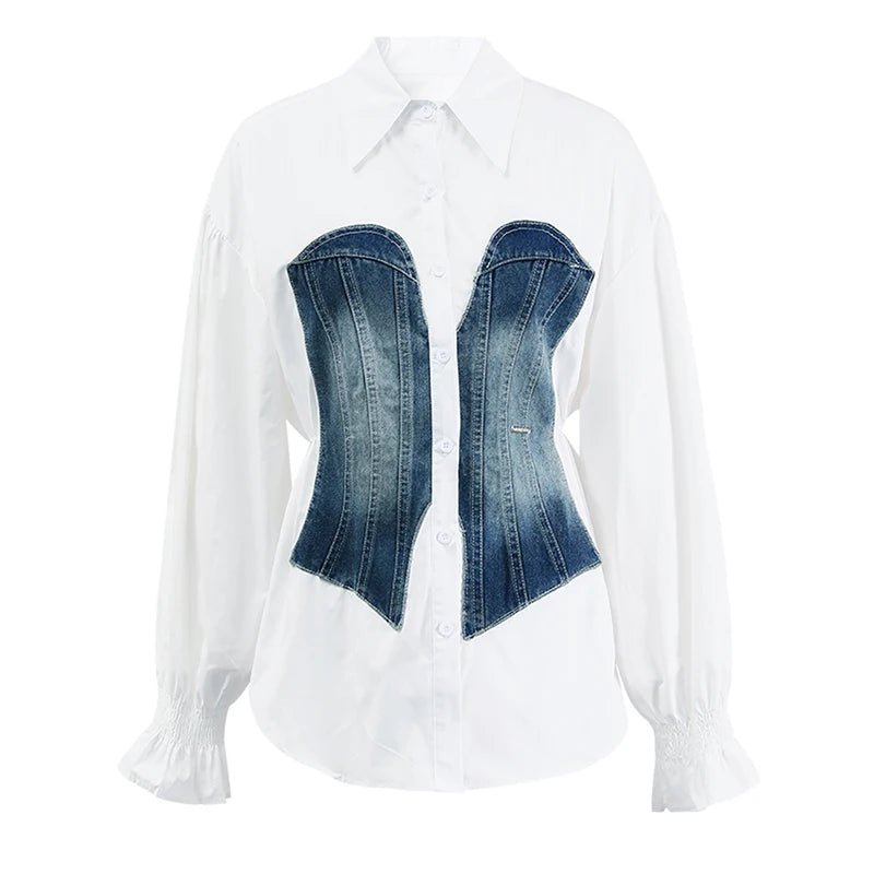 Women's Striped Denim Spliced Blouse – Elegant Lapel Long Sleeve Shirt 2026