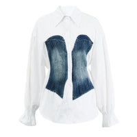 Women's Striped Denim Spliced Blouse – Elegant Lapel Long Sleeve Shirt 2026