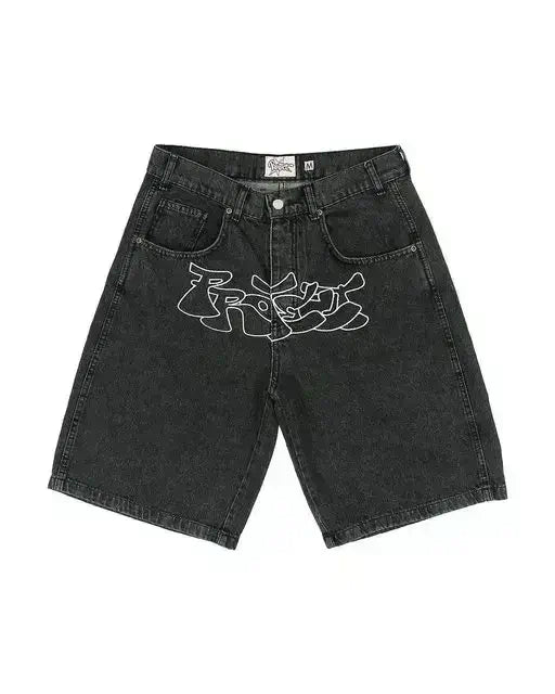 Harajuku style loose denim shorts with gothic pockets and cartoon design