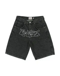 Harajuku style loose denim shorts with gothic pockets and cartoon design